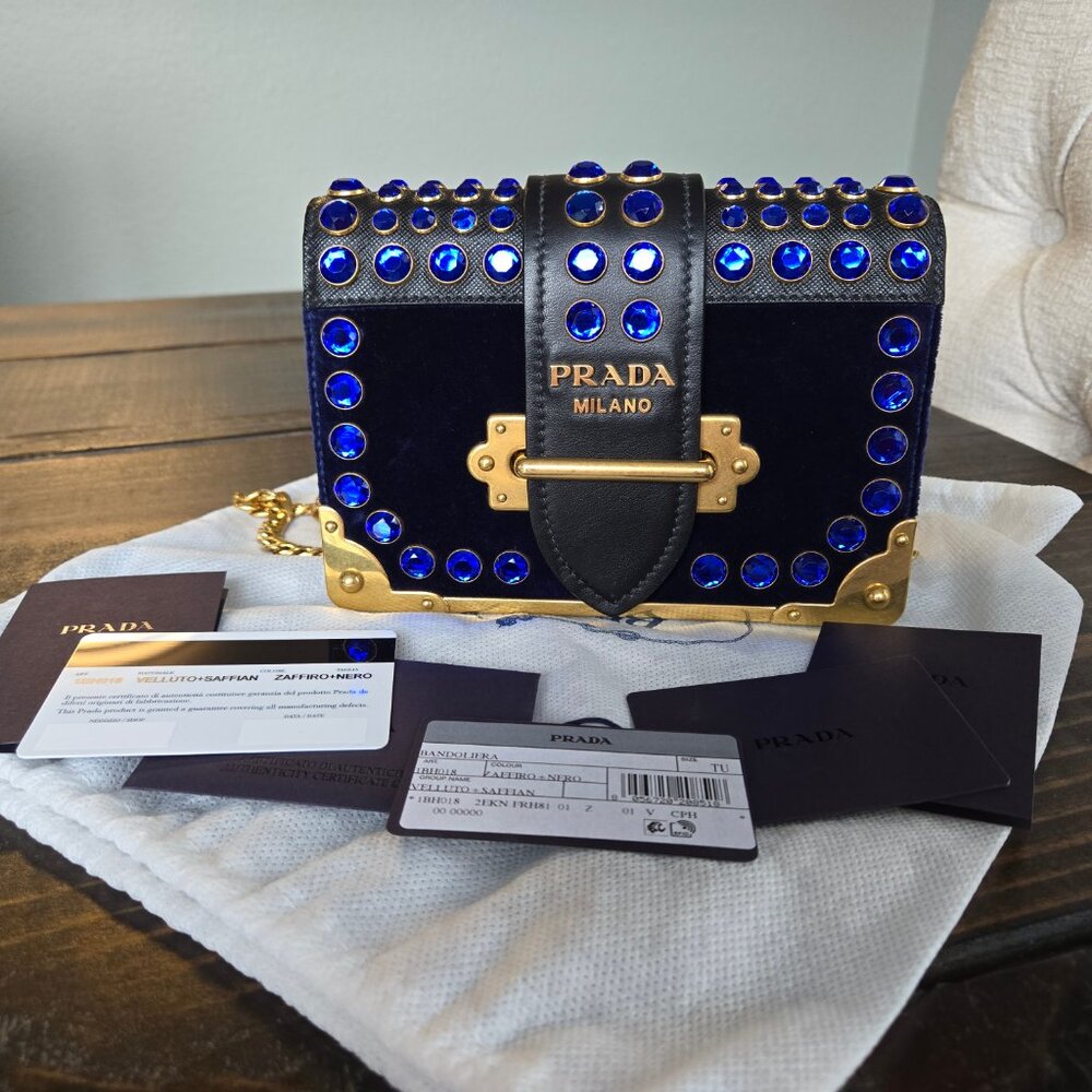Prada Cahier Navy Blue Velvet City Calf Saffiano Leather Crystal Handbag Bag - Picture 10 of 12